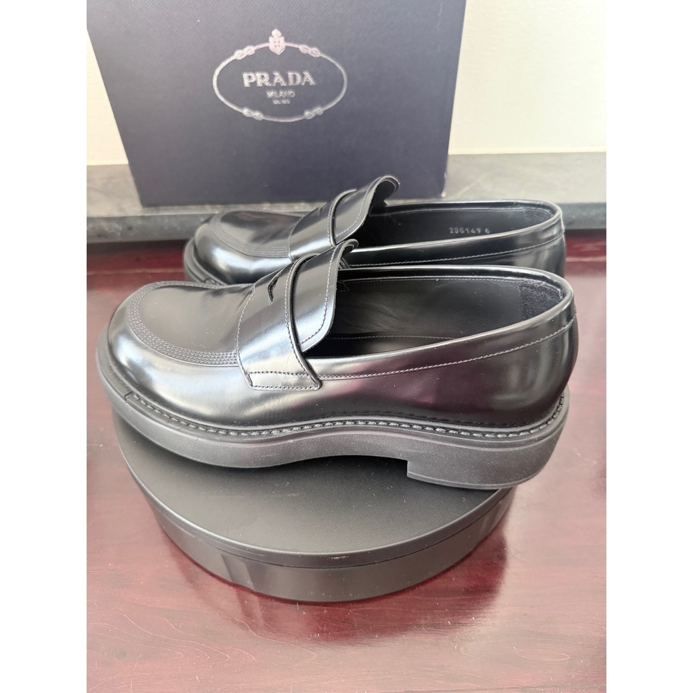 Prada 2DG149 Mens Black Leather Penny Loafer Lug Sole Shoes Size 6 Made in Italy - Picture 4 of 10